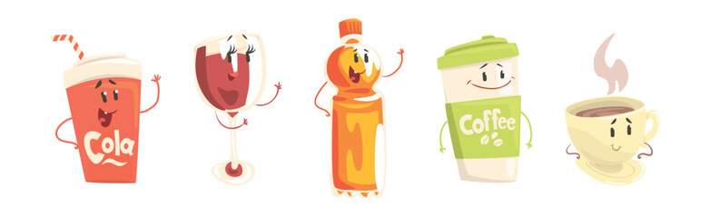 Obraz premium Funny Drink Character with Face and Arms Vector Set