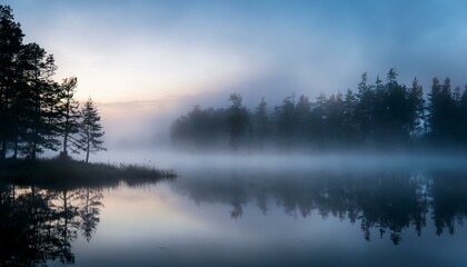 Fototapeta premium Misty morning lake with trees