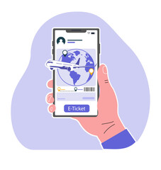 Concept illustration of purchasing electronic airline tickets using a smartphone. Vector illustration.