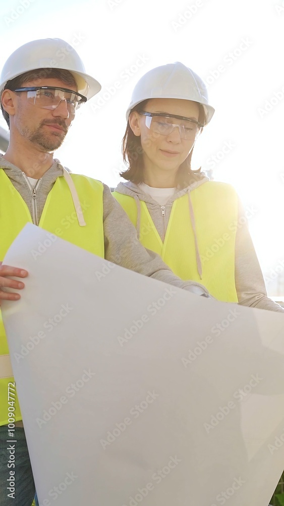 Wall mural two architects wearing safety hard hats and vests holding blueprint and discussing something on cons