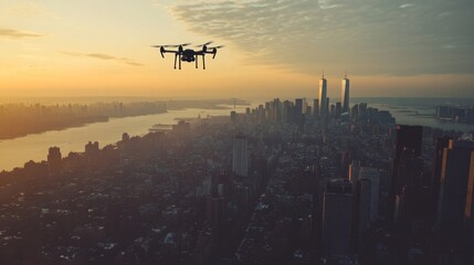Drone flying over a cityscape, capturing aerial footage