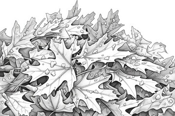 Coloring book illustration of a pile of damp snow covered leaves