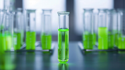 Fluorescent Green Solution in Advanced Chemistry Lab, vibrant liquid in a sleek test tube, symbolizing cutting-edge research and innovation in chemical exploration