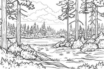 Coloring book illustration of a magnificent summer forest on a clear day showcasing the beauty and majesty of a vibrant taiga landscape