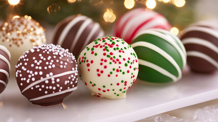 Obraz premium Christmas Chocolate Cake Pops Decorated with Sprinkles on White Plate.