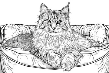 Coloring book illustration of a fluffy grey and white cat lounging on a cozy bed with long fur