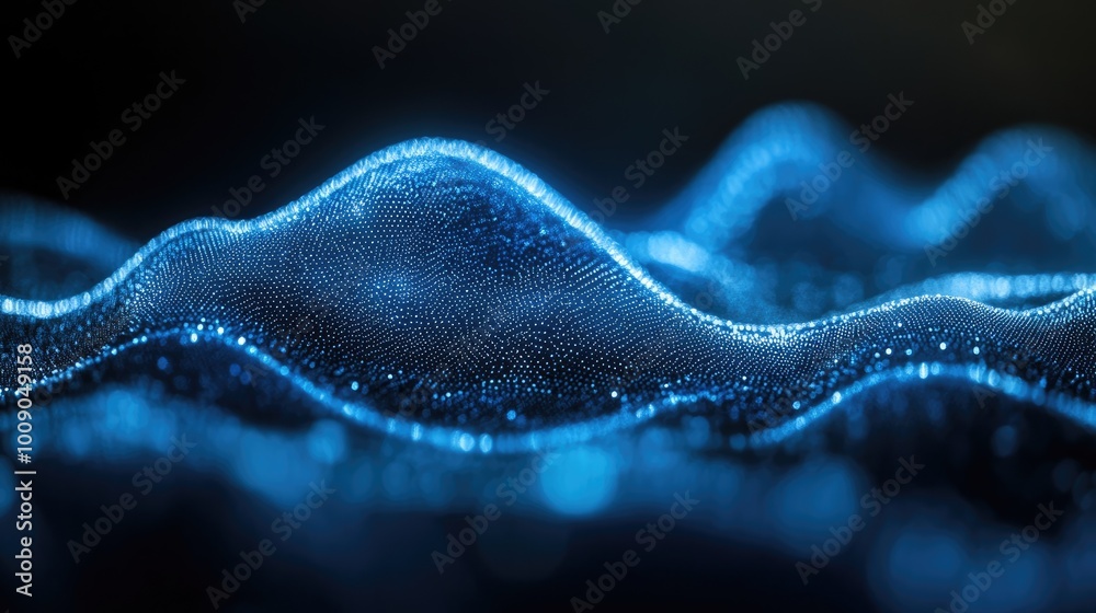 Poster glowing waves of interconnected particles create a high-tech abstract background