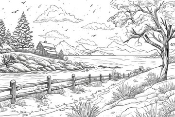 Coloring book illustration of a snowy coastal countryside scene