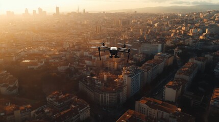 Drone flying over a cityscape, capturing aerial footage