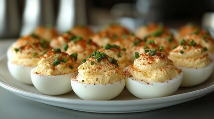 light and airy presentation of deviled eggs garnished artfully emphasizing culinary elegance and inviting presentation for gatherings and celebrations