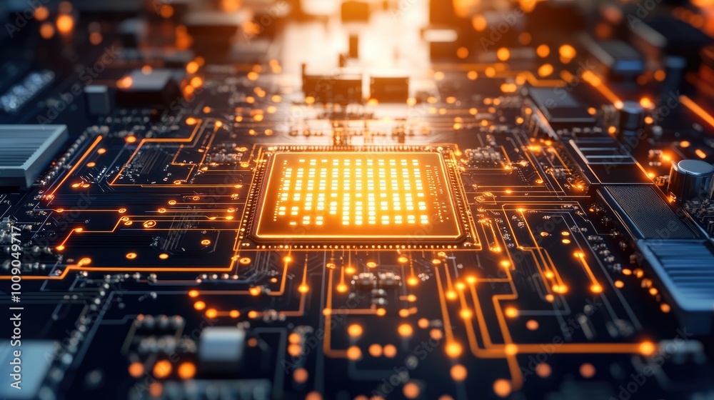 Poster a dynamic display of circuits and lights creates an abstract technology backdrop