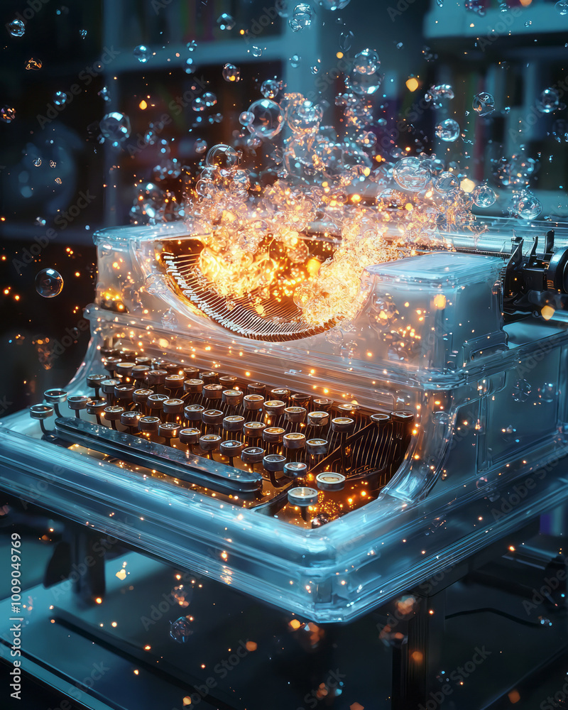 Poster typewriter emitting a cascade of luminous symbols and shapes,