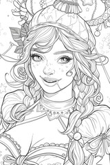 Fototapeta premium Coloring book illustration of a playful young woman in a festive costume with a cheerful expression