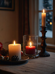 A tranquil Christmas scene with a serene candlelight is depicted.