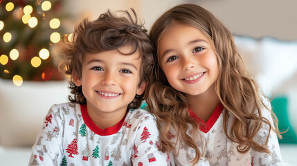 Smiling Two Siblings in Matching Christmas Pyjamas Posing by the Christmas Tree, Sister and Brother Having Happy Childhood Moments at Home, Xmas Morning or Evening.