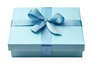 Elegant blue gift box with bow on top, isolated on transparent cutout background