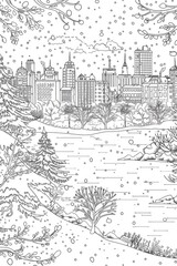 Obraz premium Coloring book illustration of a serene winter landscape with city elements