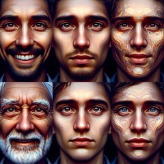  Emotive Portraits in AI 
AI-generated emotional portraits capturing the raw essence of human feelings such as joy, sorrow, love, and determination. The faces are deeply expressive, with detailed feat