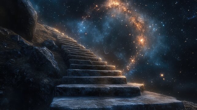 Ancient stone steps spiral into the starry abyss, leading toward distant galaxies shining brilliantly in the dark night sky.