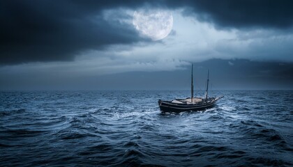 Fototapeta premium Lonely sailboat at sea under a full moon