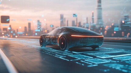 Futuristic self-driving car on an open road, surrounded by digital interfaces