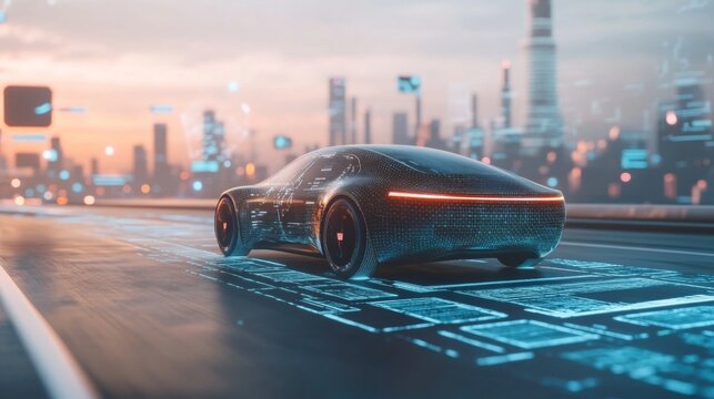 Futuristic self-driving car on an open road, surrounded by digital interfaces - Powered by Adobe