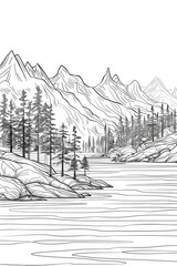 Coloring book illustration of a serene northern landscape with trees and mountains