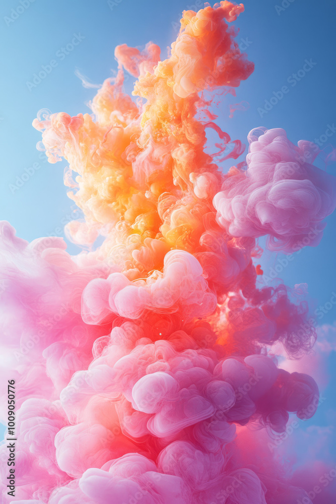Poster A burst of colors and patterns symbolizing a creative explosion, floating on a pastel backdrop,