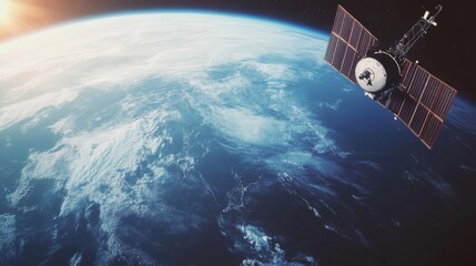 Satellite orbiting Earth, with a view of the planet's surface and atmosphere
