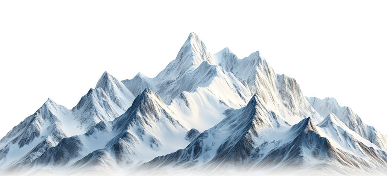 Snow-covered mountain peaks with sharp ridges, isolated on transparent cutout background