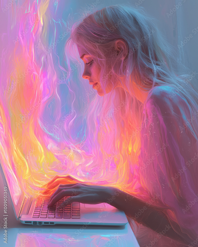 Poster a person typing on a laptop with ideas flowing on the screen, floating softly on a pastel background