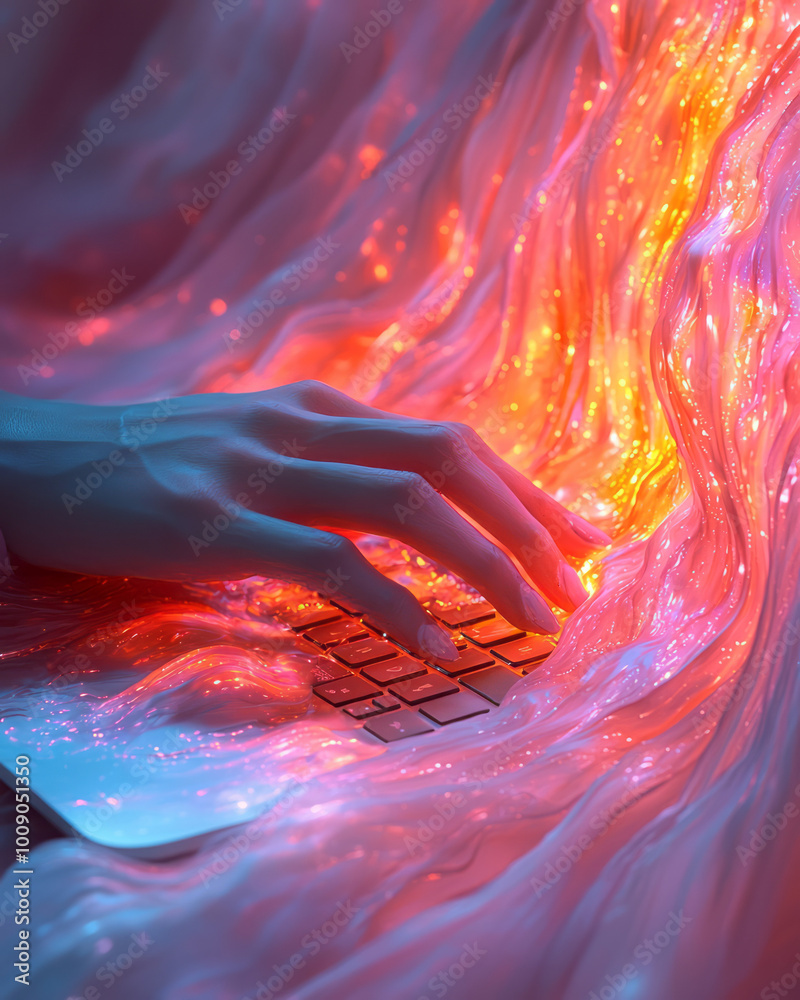 Poster a person typing on a laptop with ideas flowing on the screen, floating softly on a pastel background