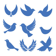 Minimalist blue bird vector icons set with doves, olive branches, and circular frame designs.
Blue bird silhouette icons in simple style, perfect for peace symbols, logos, and decoration.