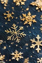 Elegant Christmas Background with Golden Snowflakes and Stars on Black Texture, Premium Vertical Winter Design for Seasonal Celebration, Copy Space.