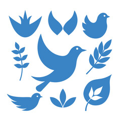Minimalist blue bird vector icons set with doves, olive branches, and circular frame designs.
Blue bird silhouette icons in simple style, perfect for peace symbols, logos, and decoration.