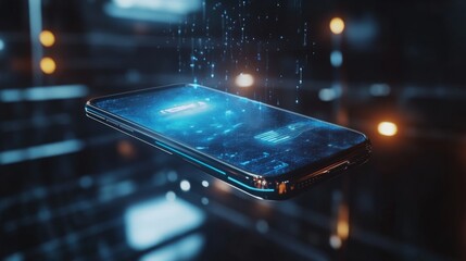 Sleek, futuristic smartphone with a holographic display, floating in midair