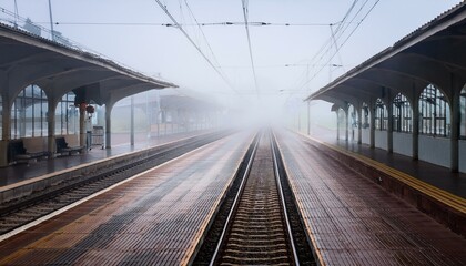 Empty train tracks on a foggy day