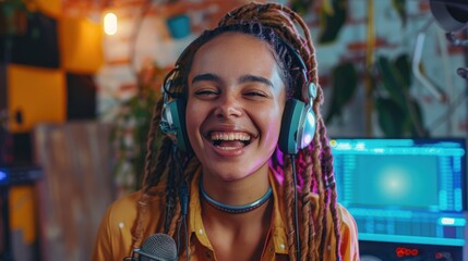 Joyful, young radio show hosts enthusiastically recording a podcast in a loft studio with a vibrant and modern aesthetic.