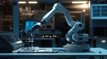 Advanced robotic arm performing precise assembly in a high-tech lab