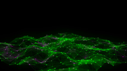 Dynamic green wave of particles and lines. Abstract futuristic background. Big data visualization. 3D rendering.