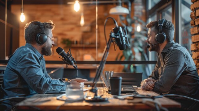 Two podcast hosts wearing headphones engage in a lively creative discussion in a professional studio setting, microphones and equipment visible.