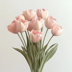 A beautiful bouquet of soft pink tulips showcasing their delicate petals and lush green leaves, perfect for any floral arrangement.