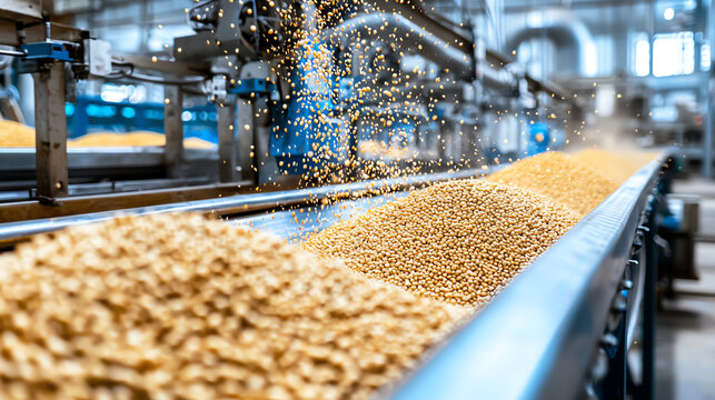 Grains flowing on a conveyor belt in a modern production facility.