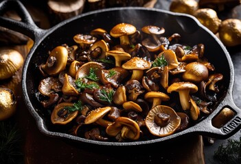 Fototapeta premium close image capturing delicious mushrooms skillet highlighting rich colors textures, cooking, ingredient, meal, culinary, vegetable, organic, oil, heat