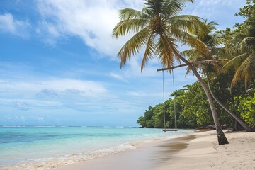 A tropical beach with palm trees, a swing hanging from a tree
