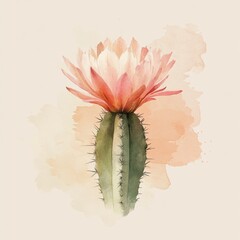 A beautiful watercolor illustration of a cactus blooming with soft pink flowers, perfect for nature and botanical themes.