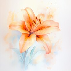 A beautiful watercolor illustration of an orange lily flower, showcasing delicate petals and soft pastel colors.