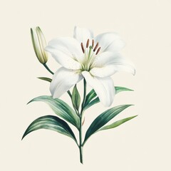 A beautiful white lily with delicate petals and lush green leaves, symbolizing purity and elegance in nature.
