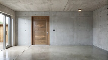Fototapeta premium Spacious concrete interior with a wooden door.