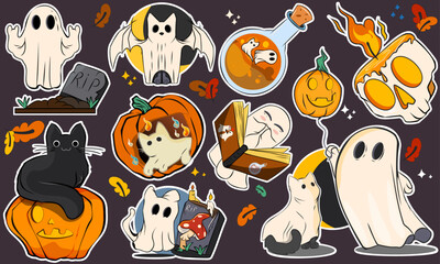 Cartoon halloween stickers magic and witchcraft. Scary collection with ghosts, skull, zombie, grave, pumpkin, cat, potion. Scary patches set